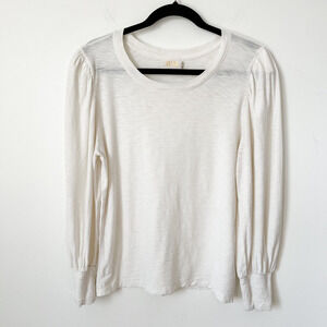 Nation LTD Rimma Puff Sleeve Pima Cotton Cream Crew Neck Top Womens Large